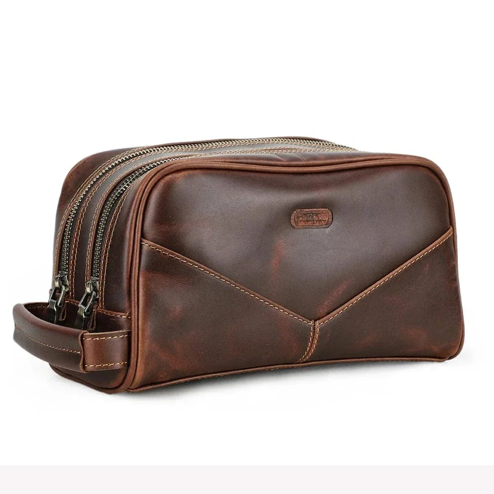 Trousse de toilette homme vintage à double fermeture éclair, marron