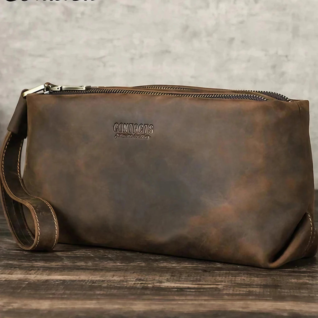 Trousse de toilette homme vintage à dragonne, coloris café