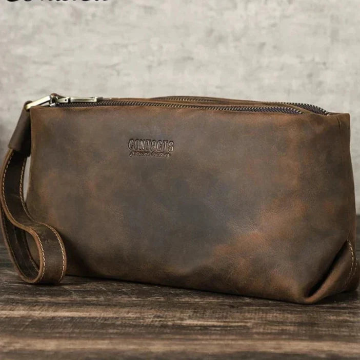 Trousse de toilette homme vintage à dragonne, coloris café