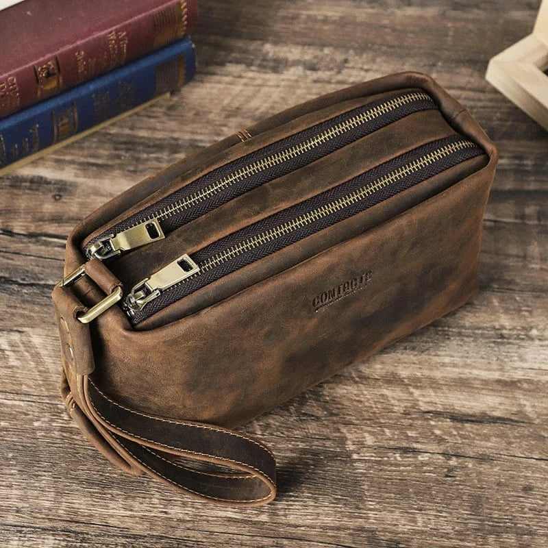 Trousse de toilette homme vintage à dragonne, coloris café