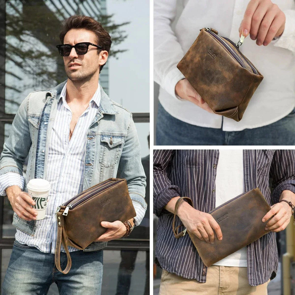 Trousse de toilette homme vintage à dragonne, coloris café