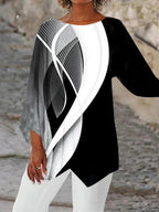Tunique femme à motif géométrique noir et blanc, manches longues, noir et blanc