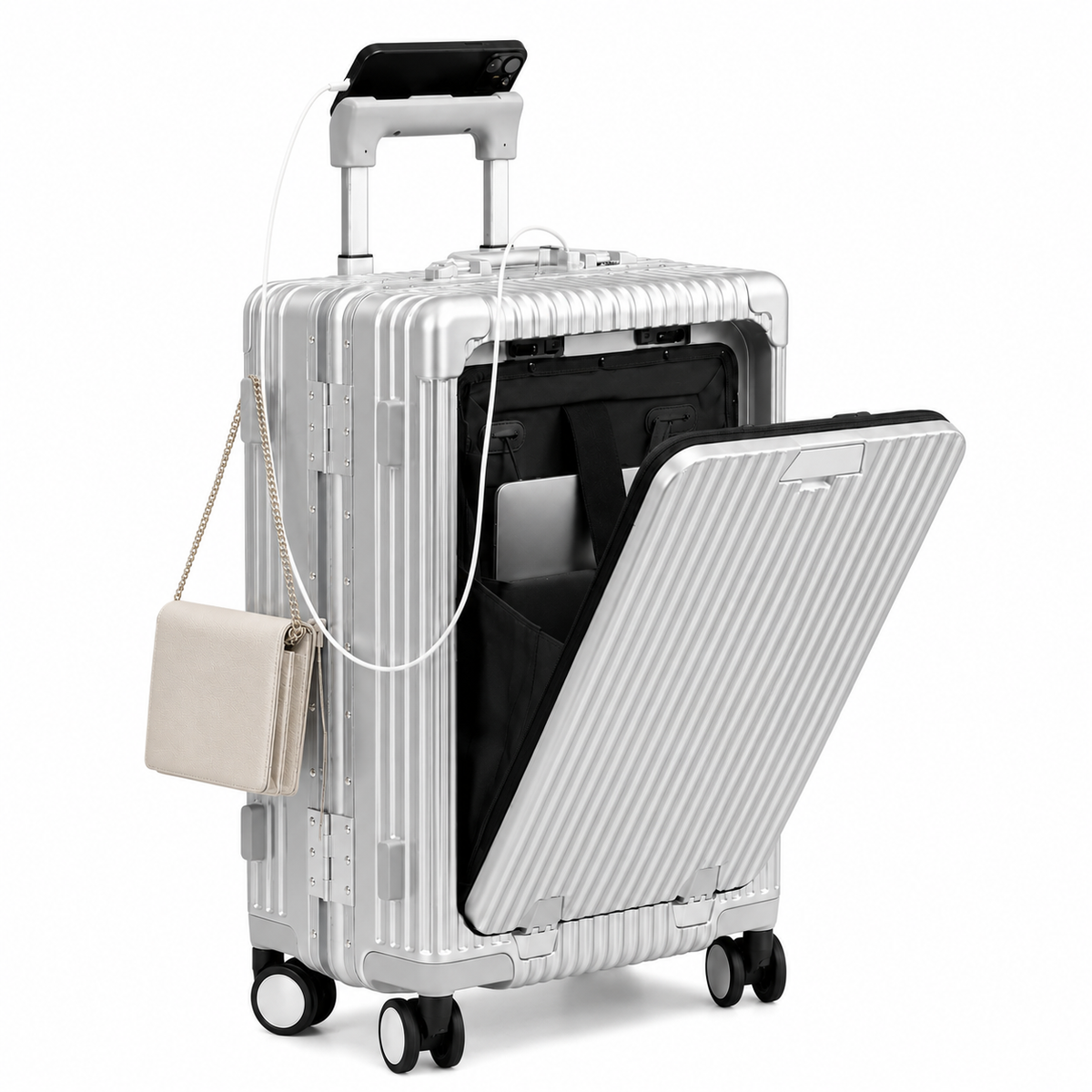 Valise rigide en aluminium anodisé, 4 roues doubles, port USB, argenté