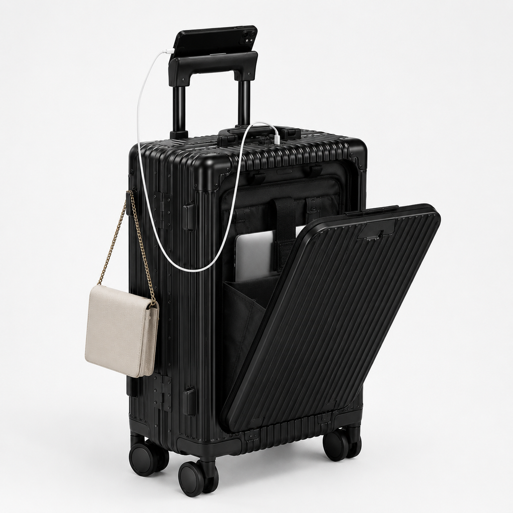 Valise rigide en aluminium anodisé, 4 roues doubles, port USB, noir