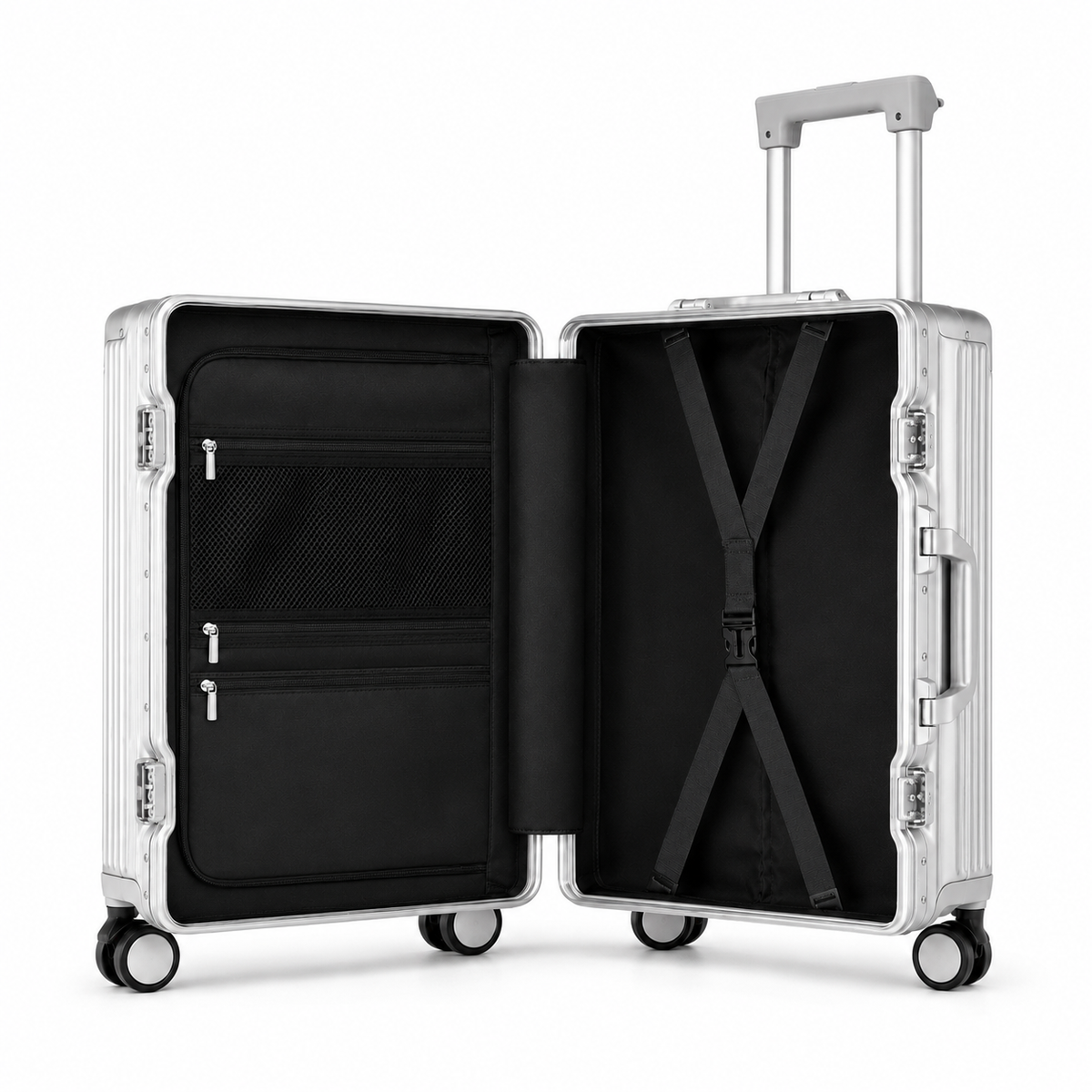 Valise rigide en aluminium anodisé, 4 roues doubles, port USB