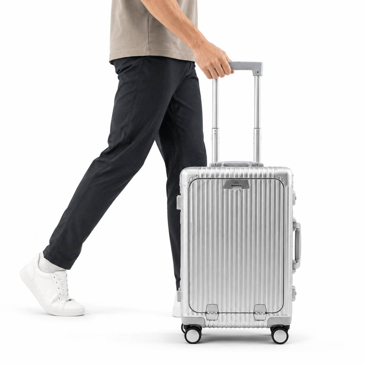 Valise rigide en aluminium anodisé, 4 roues doubles, port USB