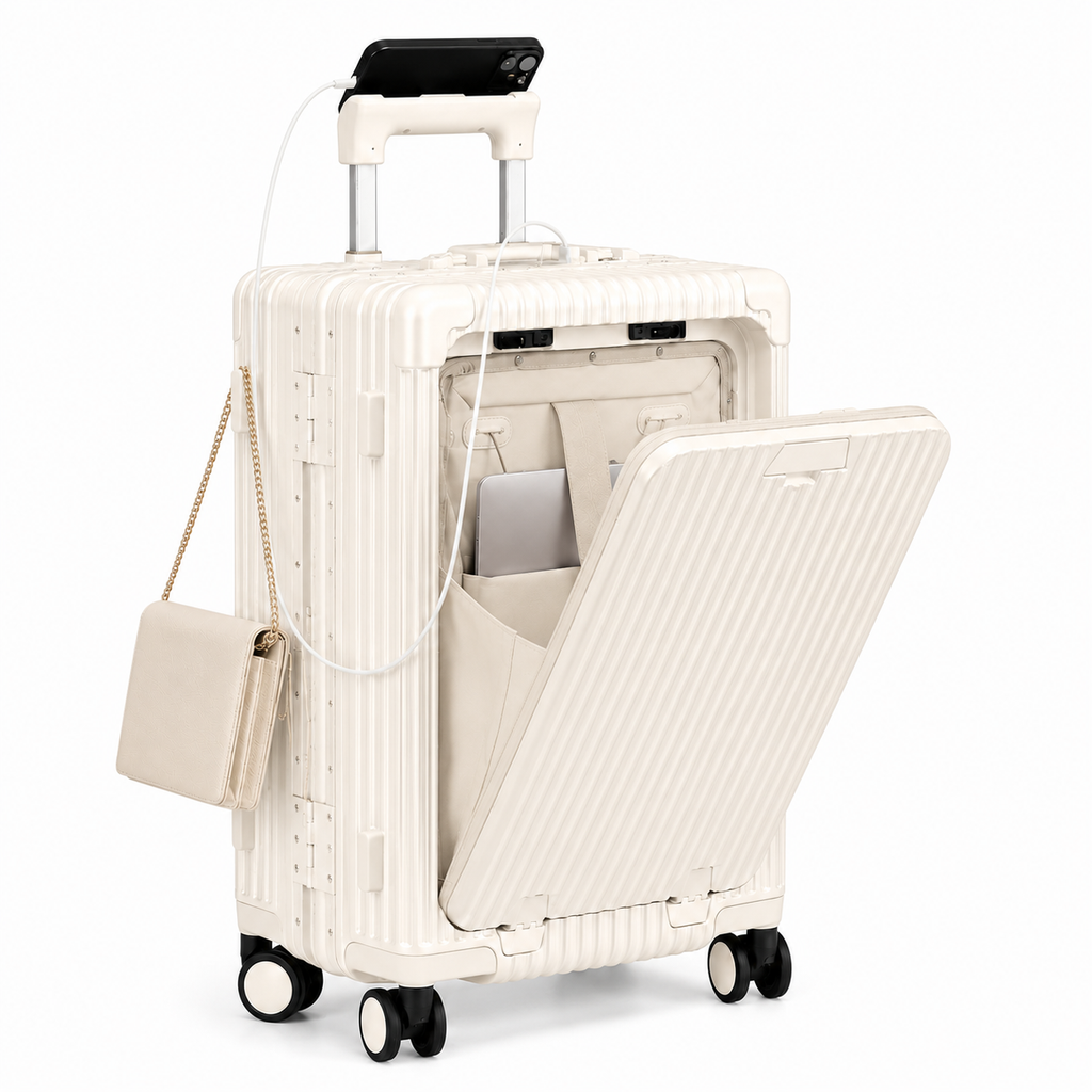 Valise rigide en aluminium anodisé, 4 roues doubles, port USB, blanc