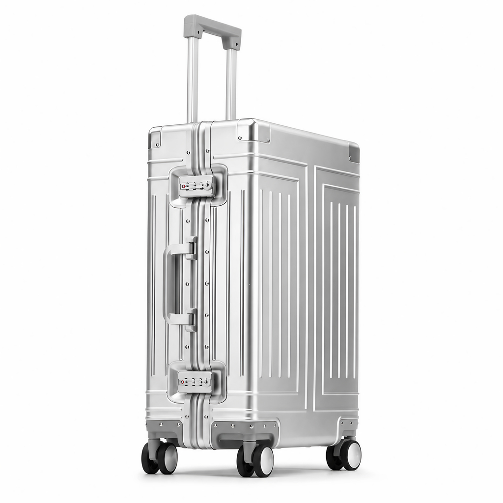 Valise cabine en aluminium argentée, compartiment avant, argenté