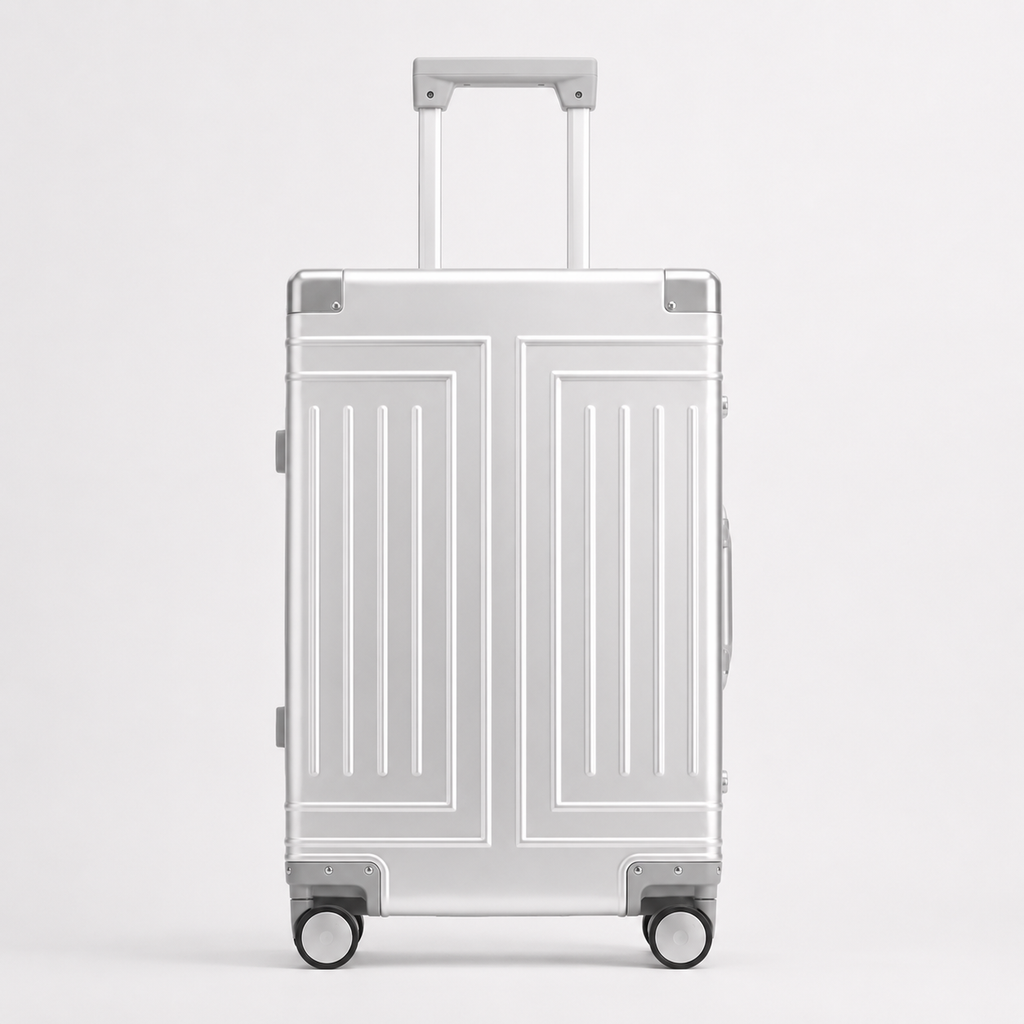 Valise cabine en aluminium argentée, compartiment avant