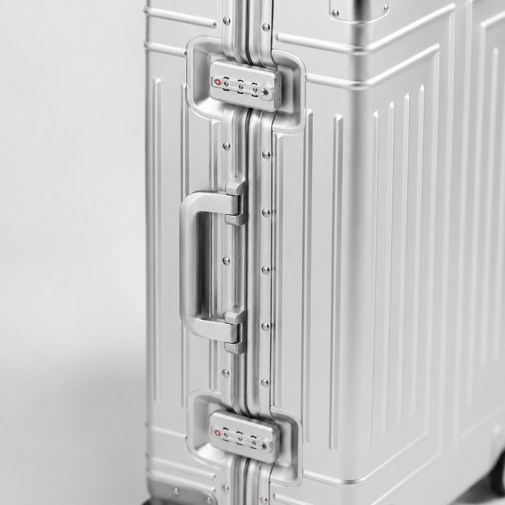 Valise cabine en aluminium argentée, compartiment avant