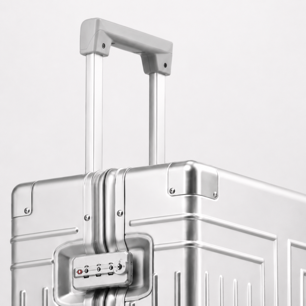 Valise cabine en aluminium argentée, compartiment avant