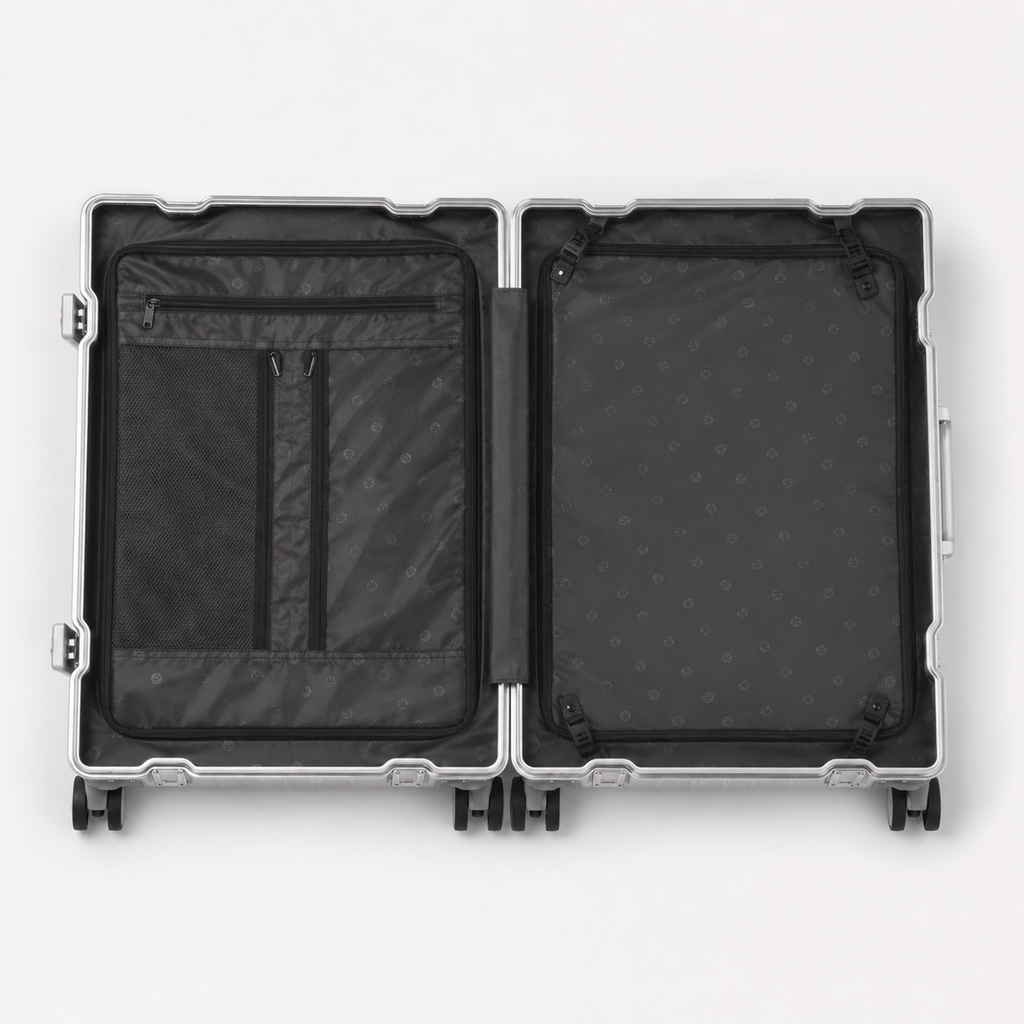 Valise cabine en aluminium argentée, compartiment avant