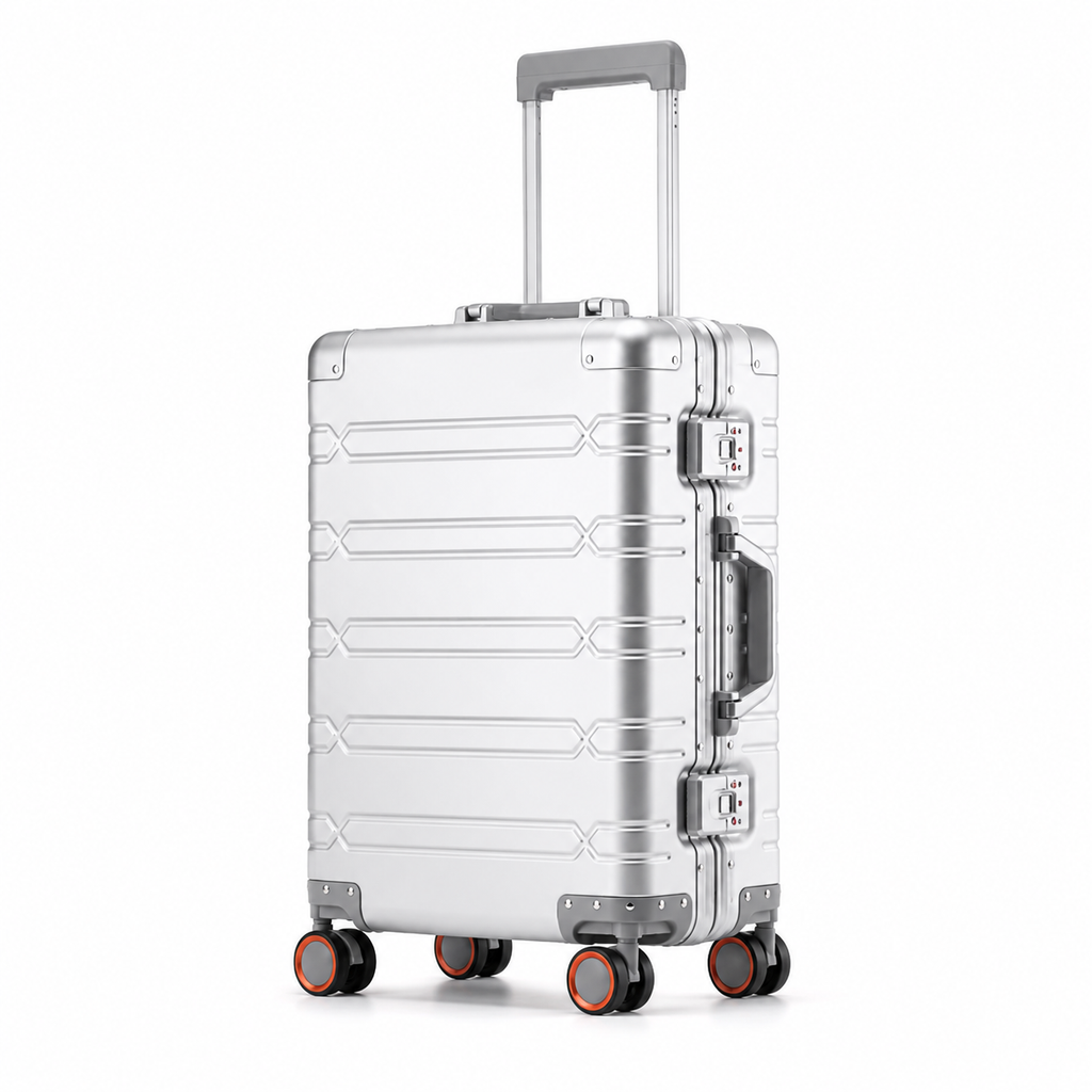 Valise rigide en alliage d'aluminium, deux serrures TSA, argenté