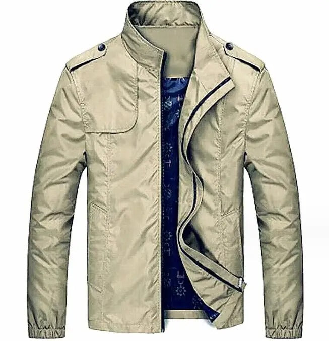 Veste cargo homme à col montant zippé et poches multiples, kaki