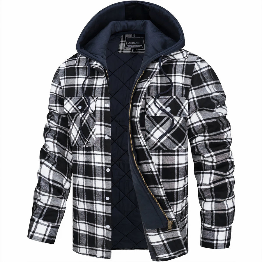 Veste à capuche homme à carreaux, coupe décontractée, noir