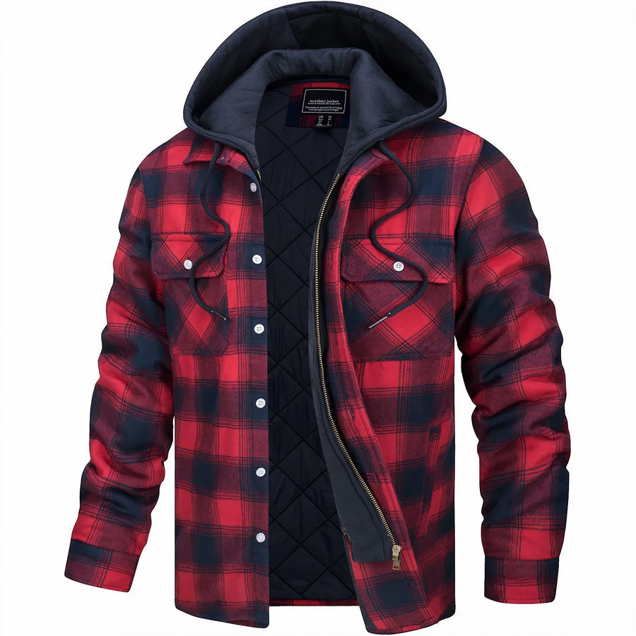 Veste à capuche homme à carreaux, coupe décontractée, rouge