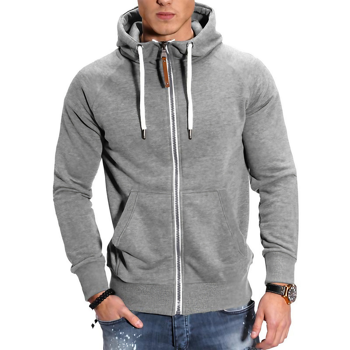 Veste zippée à capuche homme, manches raglan, neuf coloris, gris clair