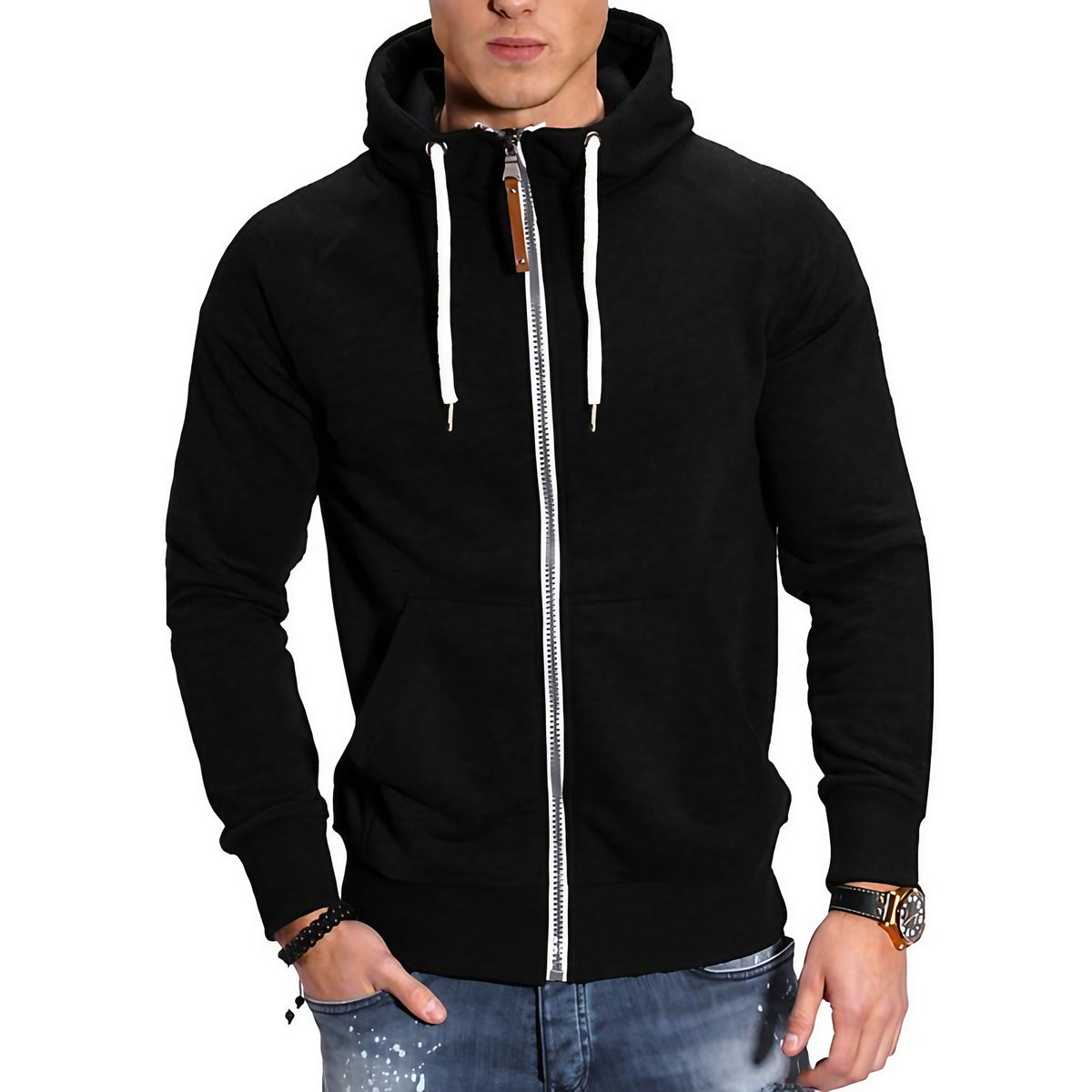 Veste zippée à capuche homme, manches raglan, neuf coloris, noir