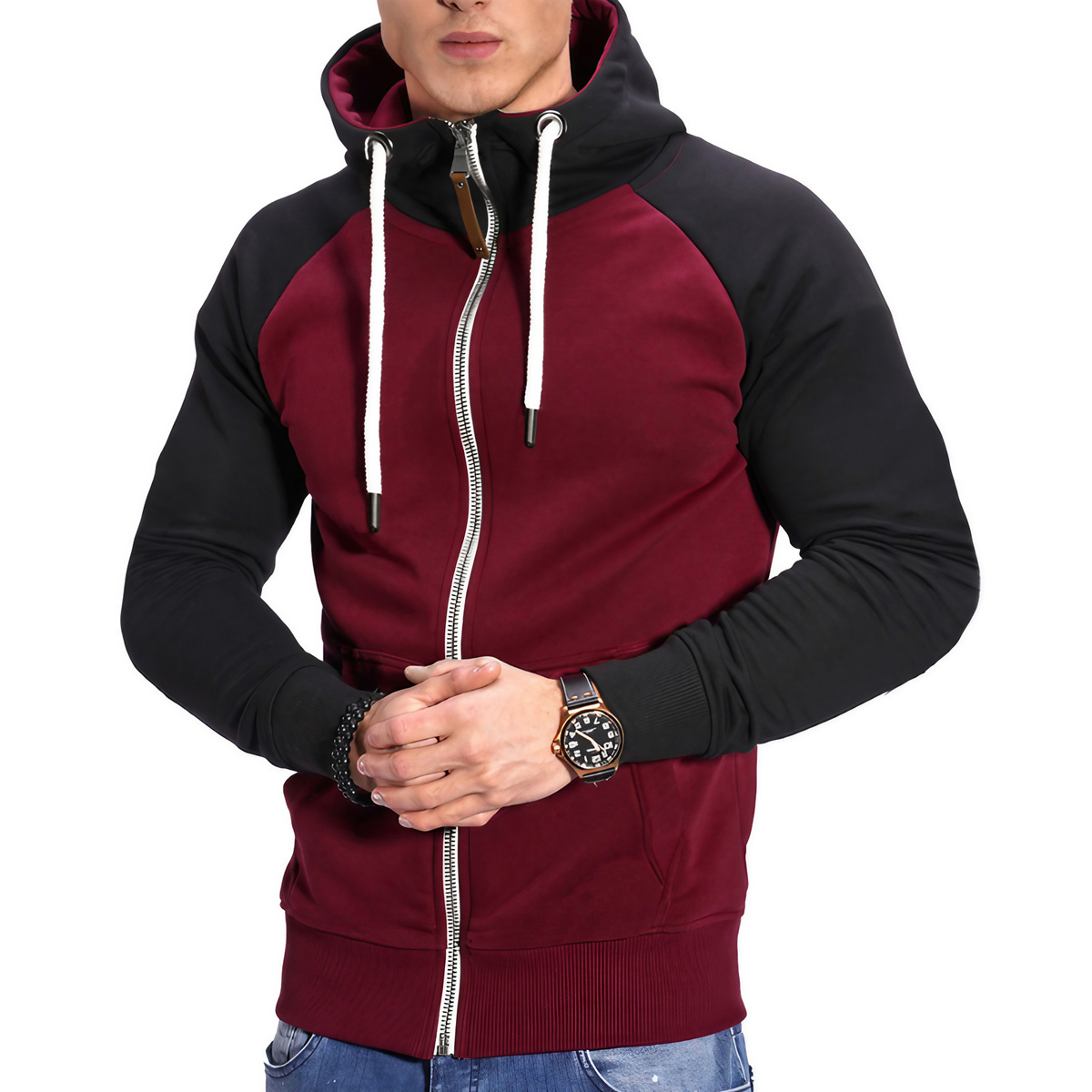 Veste zippée à capuche homme, manches raglan, neuf coloris, noir et rouge
