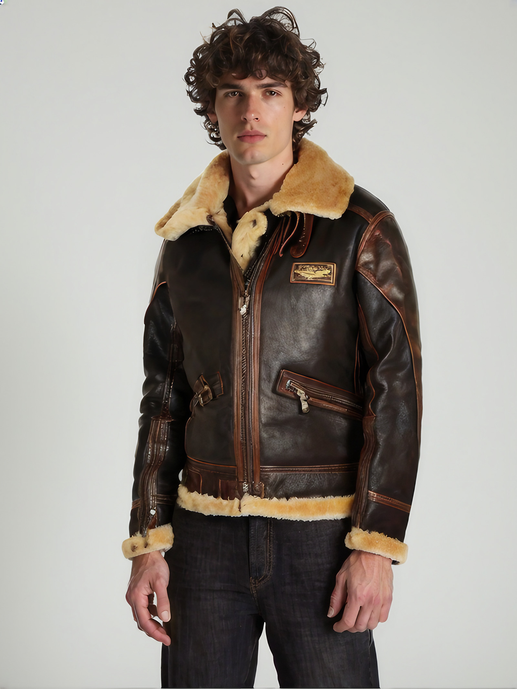 Veste aviateur homme marron, coupe ajustée, du XS au 4XL