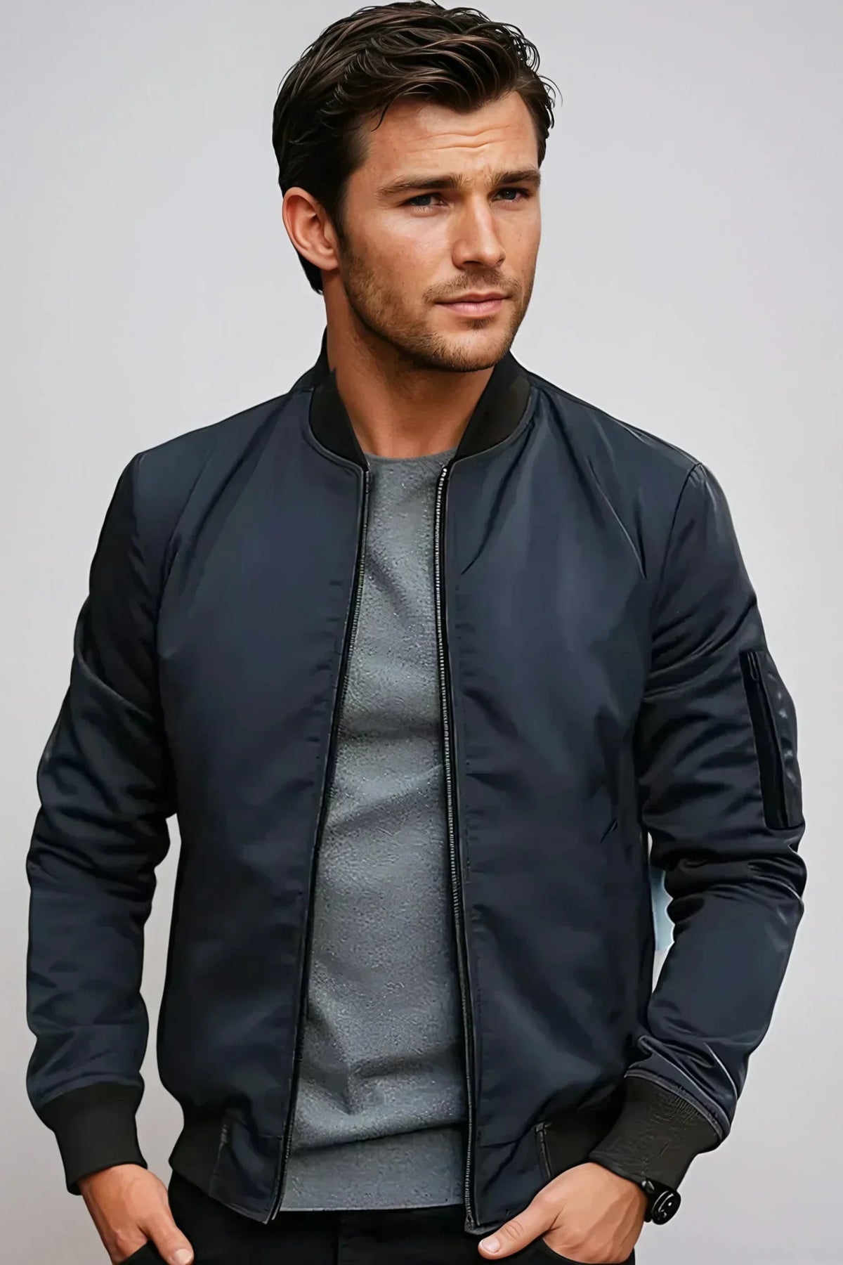 Veste bomber femme doublée, poignets côtelés, trois coloris, bleu foncé