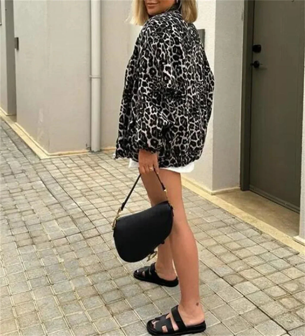 Veste bomber femme imprimé léopard, zip et deux poches, S à L