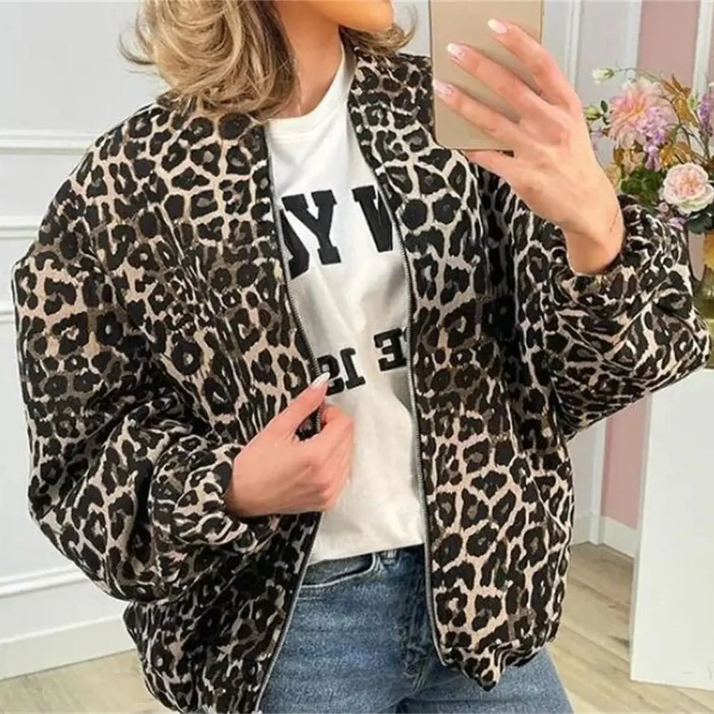 Veste bomber femme imprimé léopard, zip et deux poches, S à L