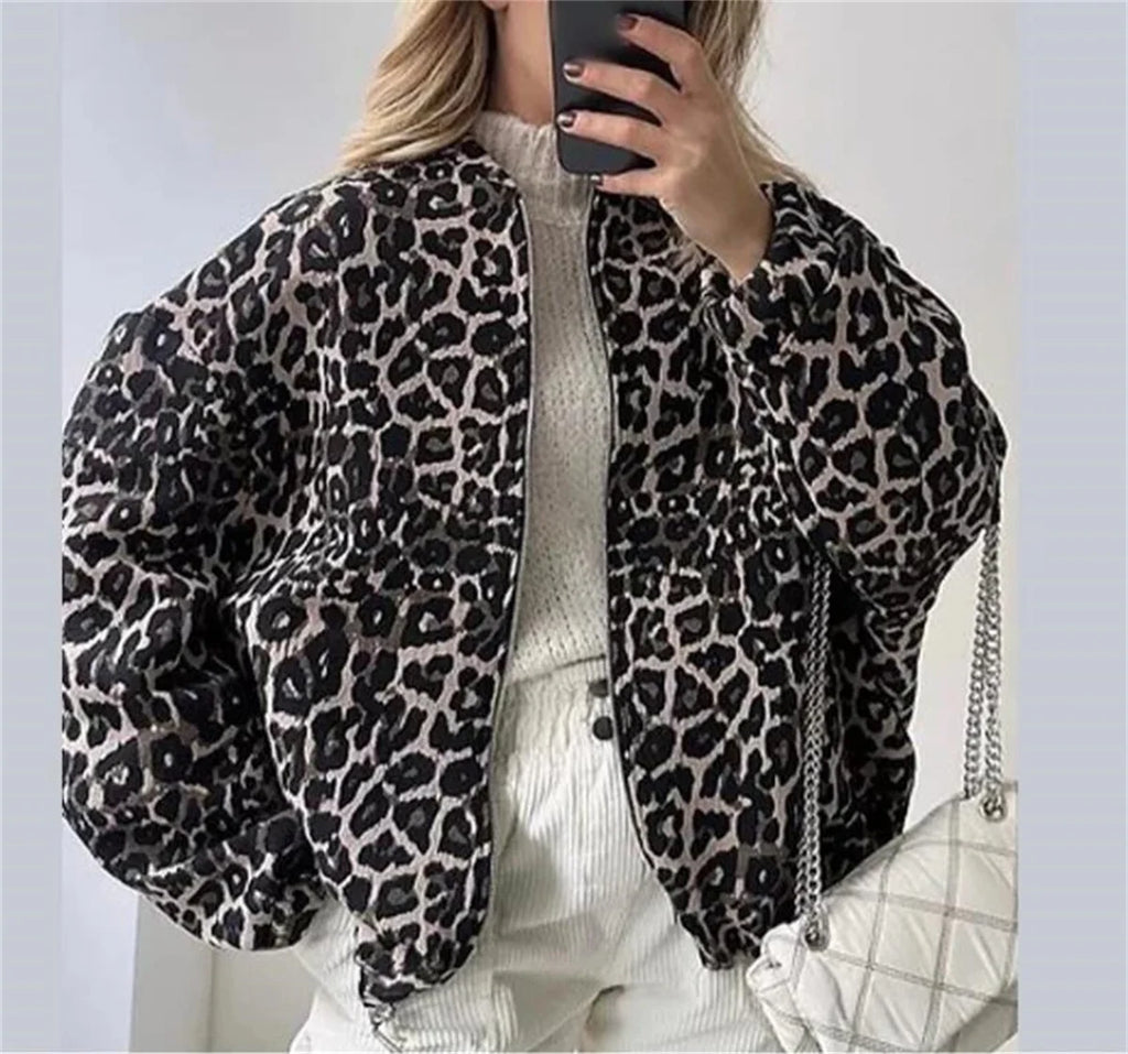 Veste bomber femme imprimé léopard, zip et deux poches, S à L