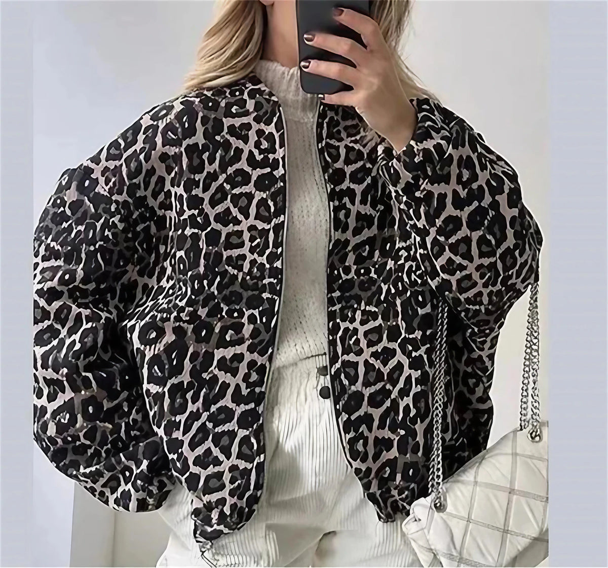Veste bomber femme imprimé léopard, zip et deux poches, S à L