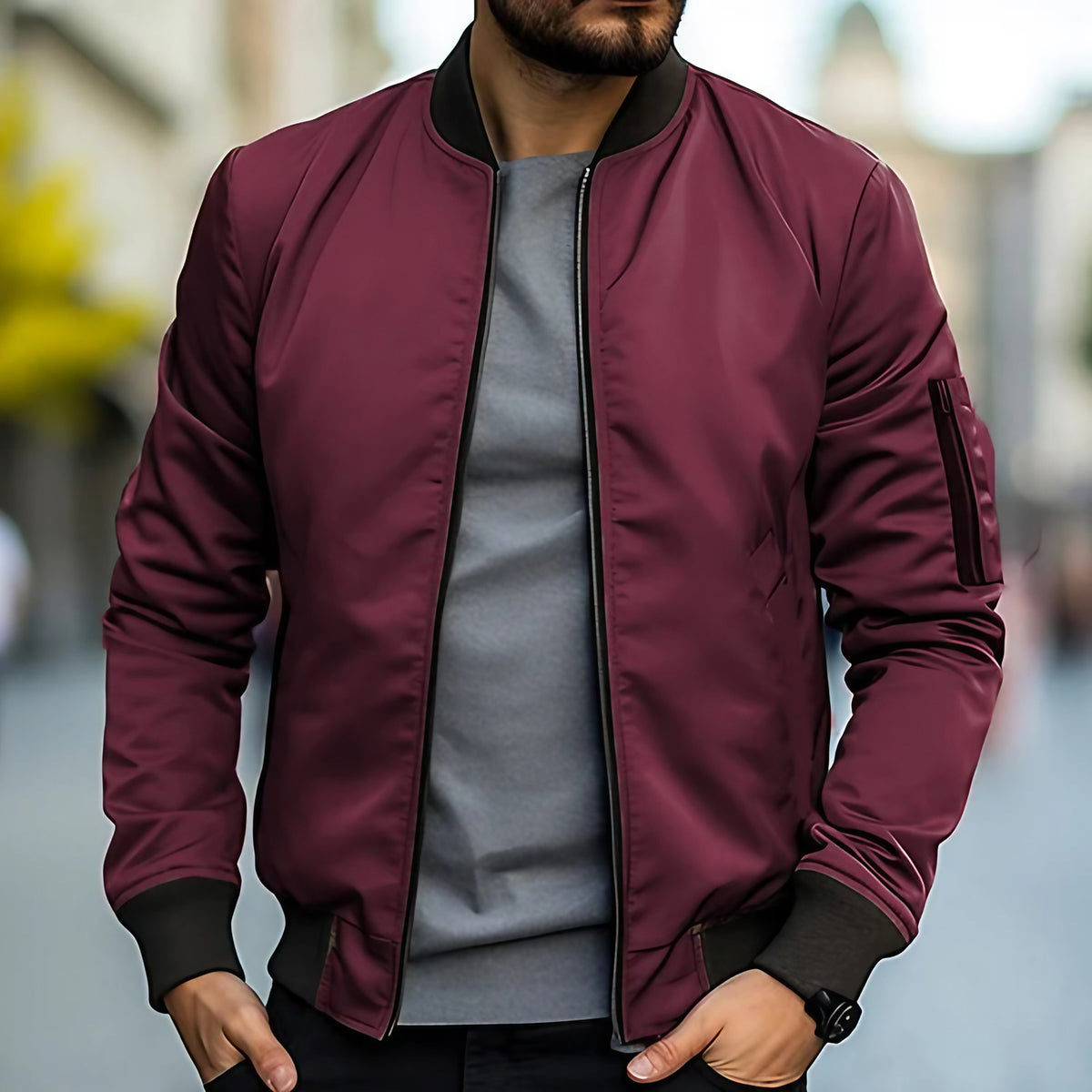 Blouson bomber homme col montant, huit coloris, du S au 4XL, bordeaux