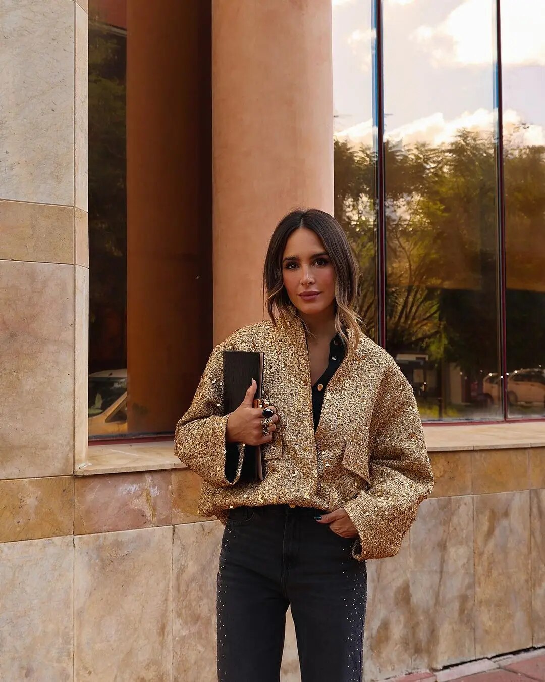 Veste bomber femme dorée, bords côtes, du S au XL