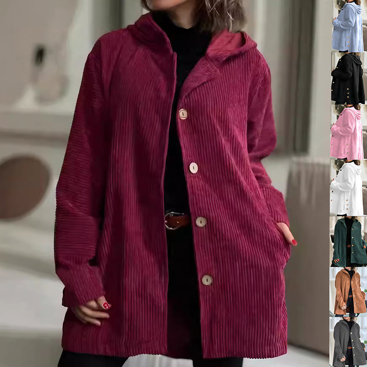 Veste mi-longue femme à capuche, boutonnée, col montant
