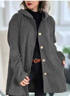 Veste mi-longue femme à capuche, boutonnée, col montant, gris