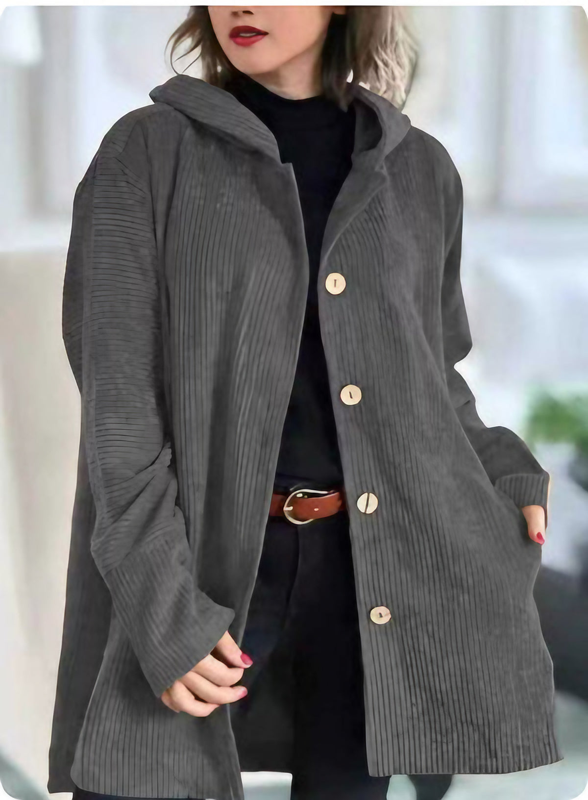 Veste mi-longue femme à capuche, boutonnée, col montant, gris