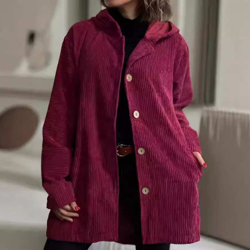 Veste mi-longue femme à capuche, boutonnée, col montant