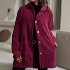 Veste mi-longue femme à capuche, boutonnée, col montant