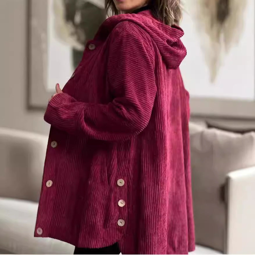 Veste mi-longue femme à capuche, boutonnée, col montant