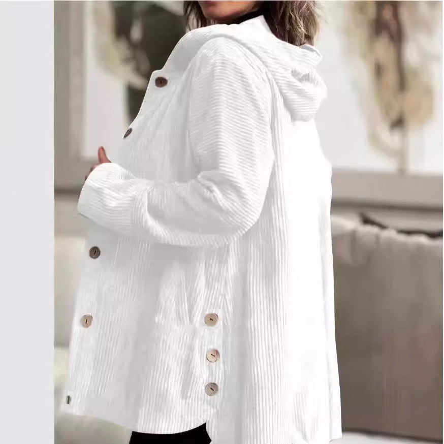 Veste mi-longue femme à capuche, boutonnée, col montant
