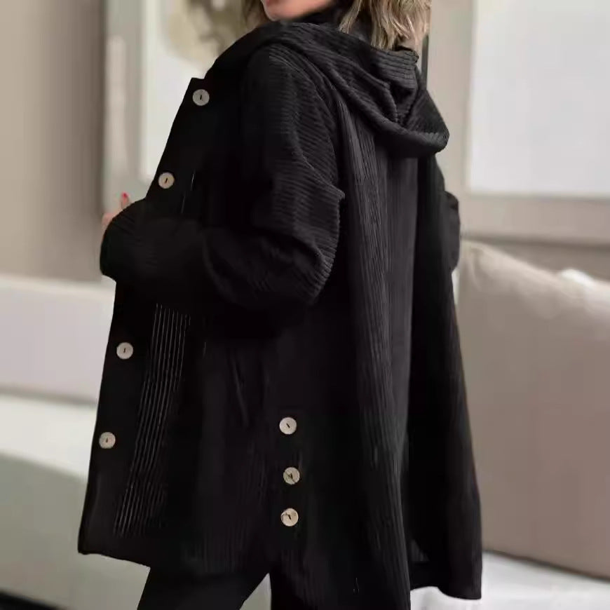 Veste mi-longue femme à capuche, boutonnée, col montant