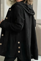 Veste mi-longue femme à capuche, boutonnée, col montant, noir