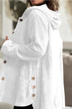 Veste mi-longue femme à capuche, boutonnée, col montant, blanc