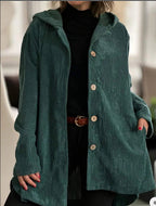 Veste mi-longue femme à capuche, boutonnée, col montant, vert