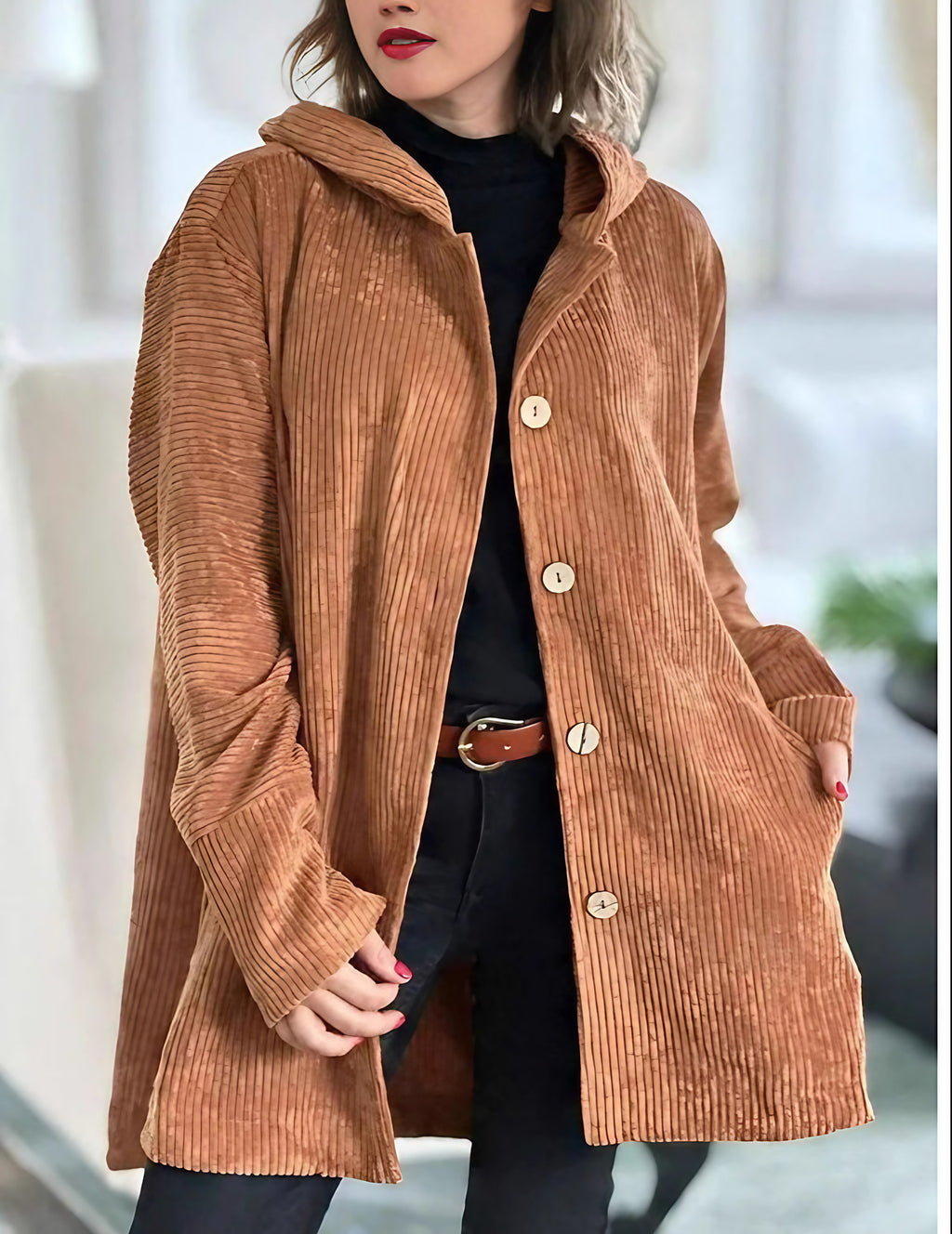 Veste mi-longue femme à capuche, boutonnée, col montant, gingembre