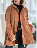 Veste mi-longue femme à capuche, boutonnée, col montant, gingembre