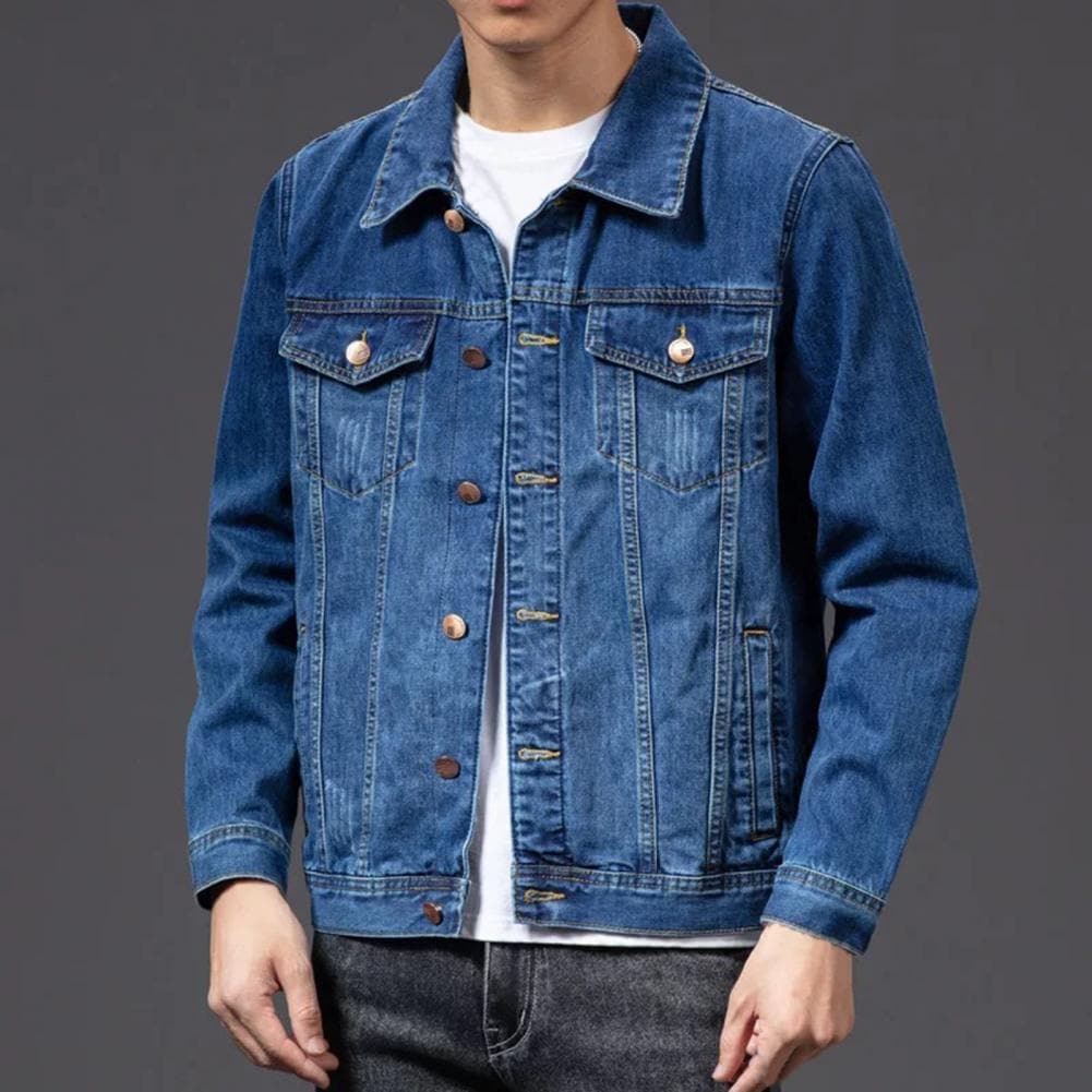 Veste camionneur homme en denim indigo, poches à rabat