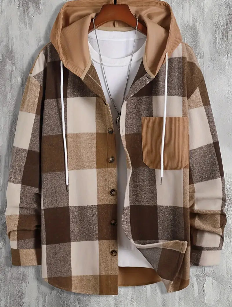Veste à capuche homme à carreaux, coupe ample, du XS au 4XL, marron