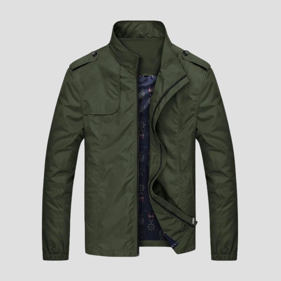 Veste cargo homme à col montant zippé et poches multiples, vert militaire
