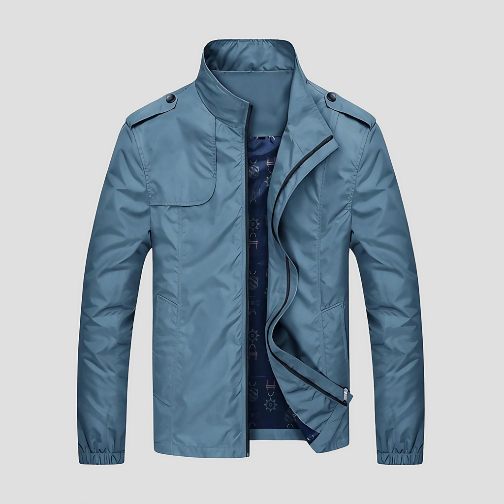 Veste cargo homme à col montant zippé et poches multiples, bleu