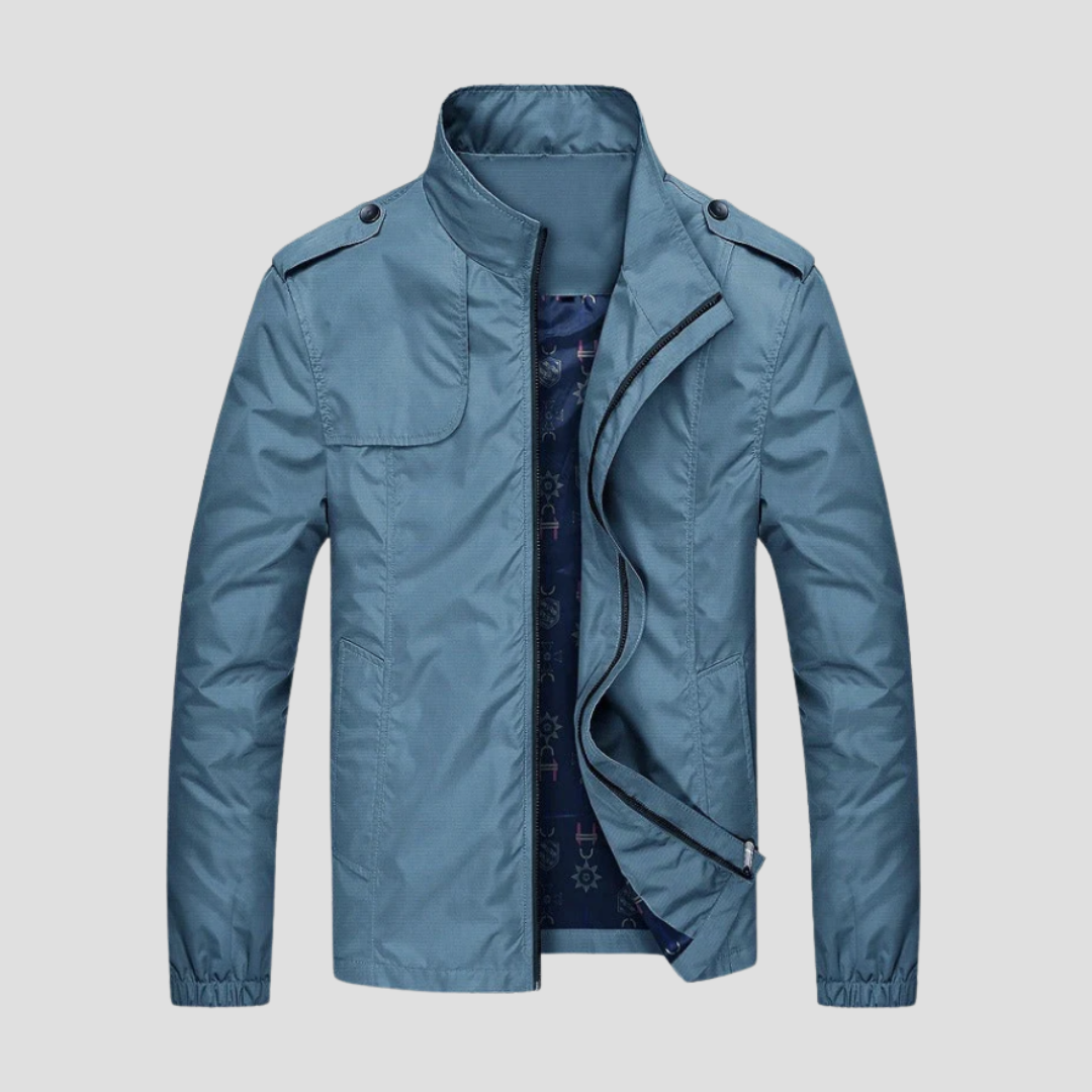 Veste cargo homme à col montant zippé et poches multiples, bleu