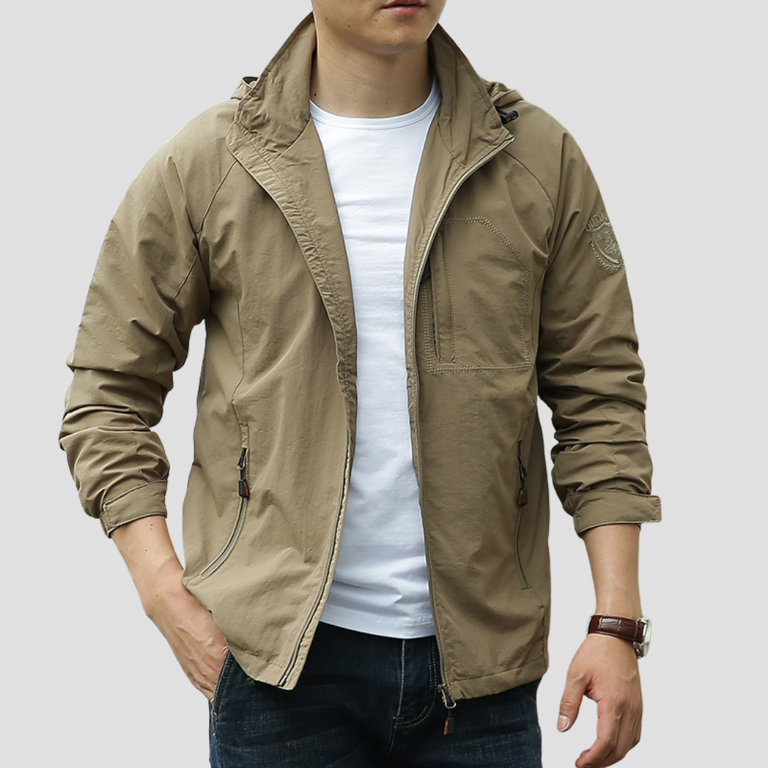 Veste cargo imperméable homme à capuche, coupe droite, kaki